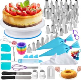 100Pcs Cake Decorating Supplies Kit - Cake Turntable Set with 48 Icing Piping Tips, 20 Disposable Pastry Bags, 2 Couplers, Baking Tools for Beginners