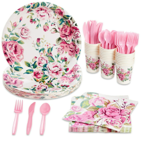 144 Piece Vintage Style Tea Party Supplies with Pink Floral Paper Plates, Napkins, Cups, and Cutlery, Disposable Tableware Set for Girls Baby Shower