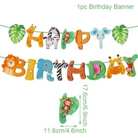 Woodland Jungle Animals Disposable Tableware Jungle Safari Birthday Party Kid Zoo Monkey Lion Zebra Elephant One 1st Boy Forest (Color: birthday banner 1)