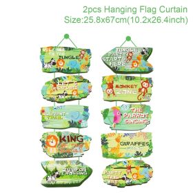 Woodland Jungle Animals Disposable Tableware Jungle Safari Birthday Party Kid Zoo Monkey Lion Zebra Elephant One 1st Boy Forest (Color: flag curtain)