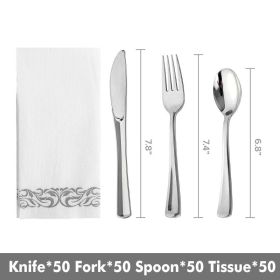 50pcs Gold/Silver Disposable Forks Plastic Tableware Dessert Knives Forks Spoon Cutlery Set Wedding Birthday Party Decor Supply (Ships From: China, Color: Silver set)