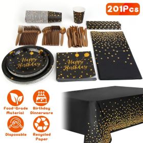 201PCS Black Gold Birthday Party Supplies For 25 Guests Happy Birthday Disposable Dinnerware Set Paper Plates 9OZ Cups Straws Napkins Forks Knives Spo (Color: as picture)