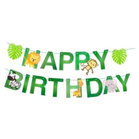 Woodland Jungle Animals Disposable Tableware Jungle Safari Birthday Party Kid Zoo Monkey Lion Zebra Elephant One 1st Boy Forest (Color: birthday banner 2)