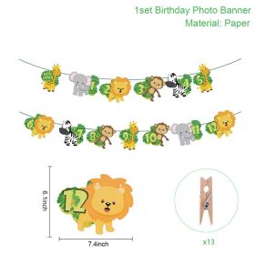 Woodland Jungle Animals Disposable Tableware Jungle Safari Birthday Party Kid Zoo Monkey Lion Zebra Elephant One 1st Boy Forest (Color: photo banner)