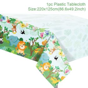 Woodland Jungle Animals Disposable Tableware Jungle Safari Birthday Party Kid Zoo Monkey Lion Zebra Elephant One 1st Boy Forest (Color: plastic tablecloth)