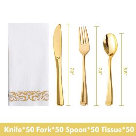 50pcs Gold/Silver Disposable Forks Plastic Tableware Dessert Knives Forks Spoon Cutlery Set Wedding Birthday Party Decor Supply (Ships From: China, Color: Gold set)