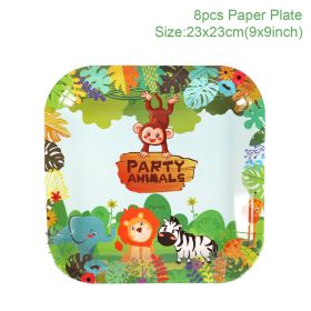 Woodland Jungle Animals Disposable Tableware Jungle Safari Birthday Party Kid Zoo Monkey Lion Zebra Elephant One 1st Boy Forest (Color: 9inch paper plate1)