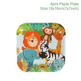 Woodland Jungle Animals Disposable Tableware Jungle Safari Birthday Party Kid Zoo Monkey Lion Zebra Elephant One 1st Boy Forest (Color: 7inch paper plate1)